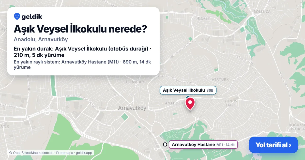 Aşık Veysel İlkokulu nerede: haritada konumu ve en yakın duraklar, yürüme süreleriyle