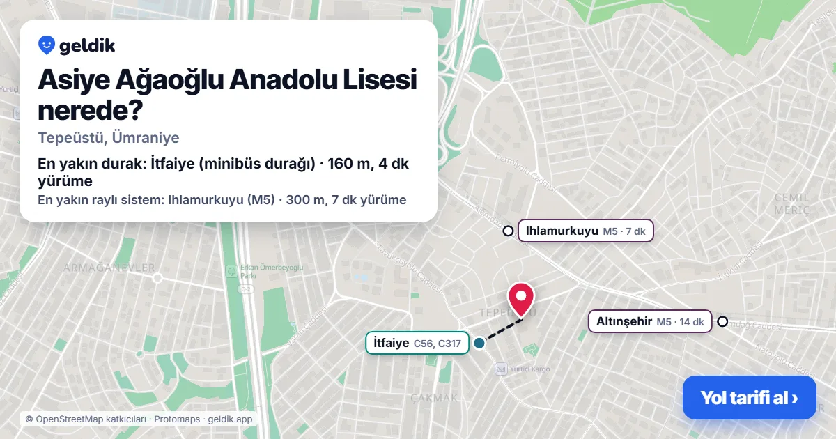 Asiye Ağaoğlu Anadolu Lisesi nerede: haritada konumu ve en yakın duraklar, yürüme süreleriyle