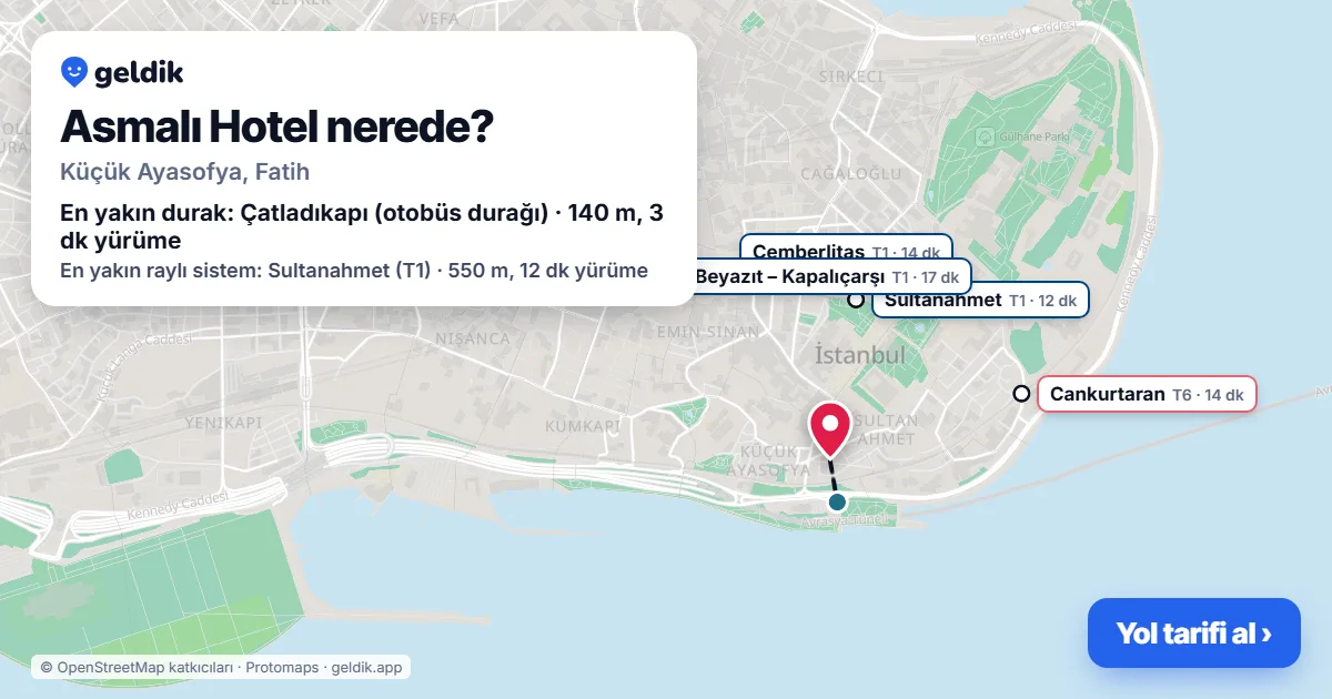 Asmalı Hotel nerede: haritada konumu ve en yakın duraklar, yürüme süreleriyle