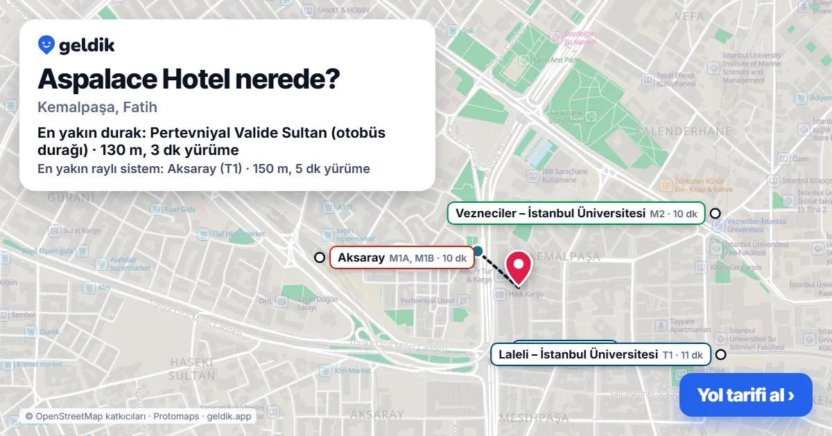 Aspalace Hotel nerede: haritada konumu ve en yakın duraklar, yürüme süreleriyle
