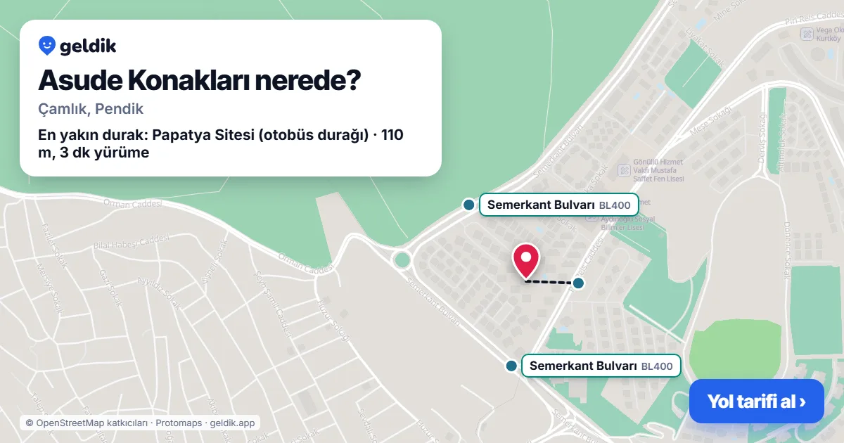 Asude Konakları nerede: haritada konumu ve en yakın duraklar, yürüme süreleriyle