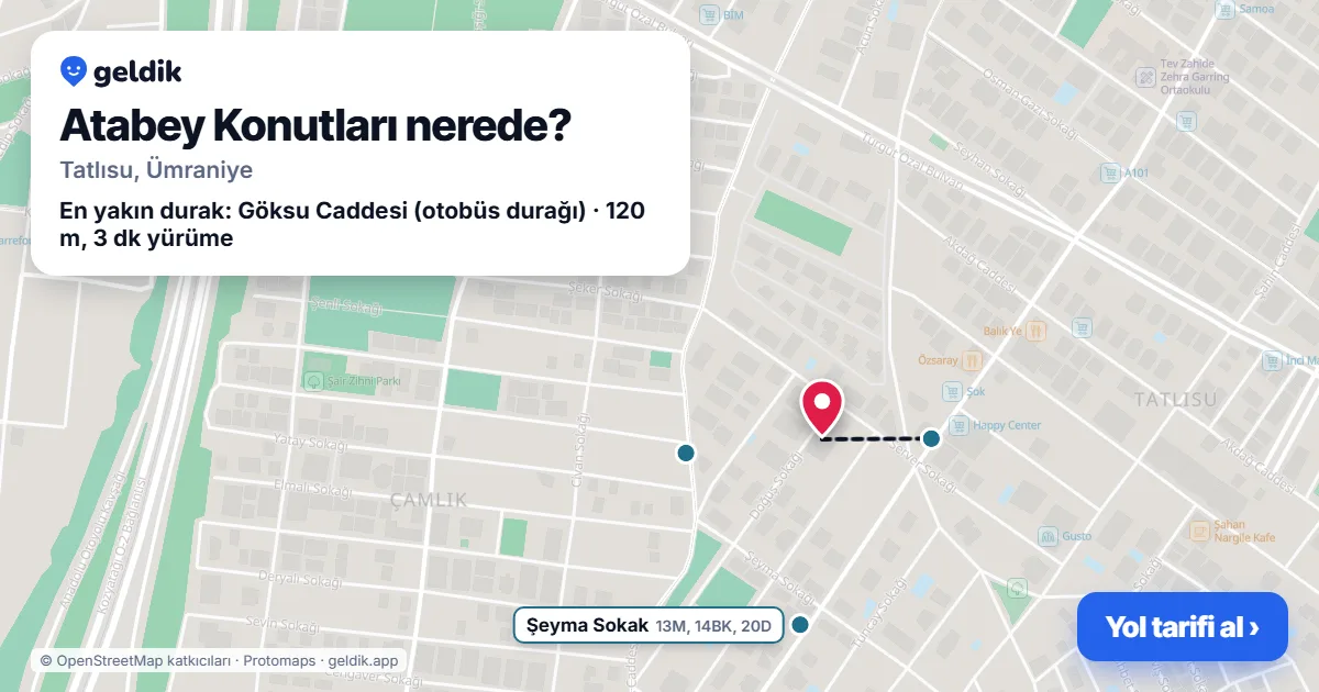 Atabey Konutları nerede: haritada konumu ve en yakın duraklar, yürüme süreleriyle