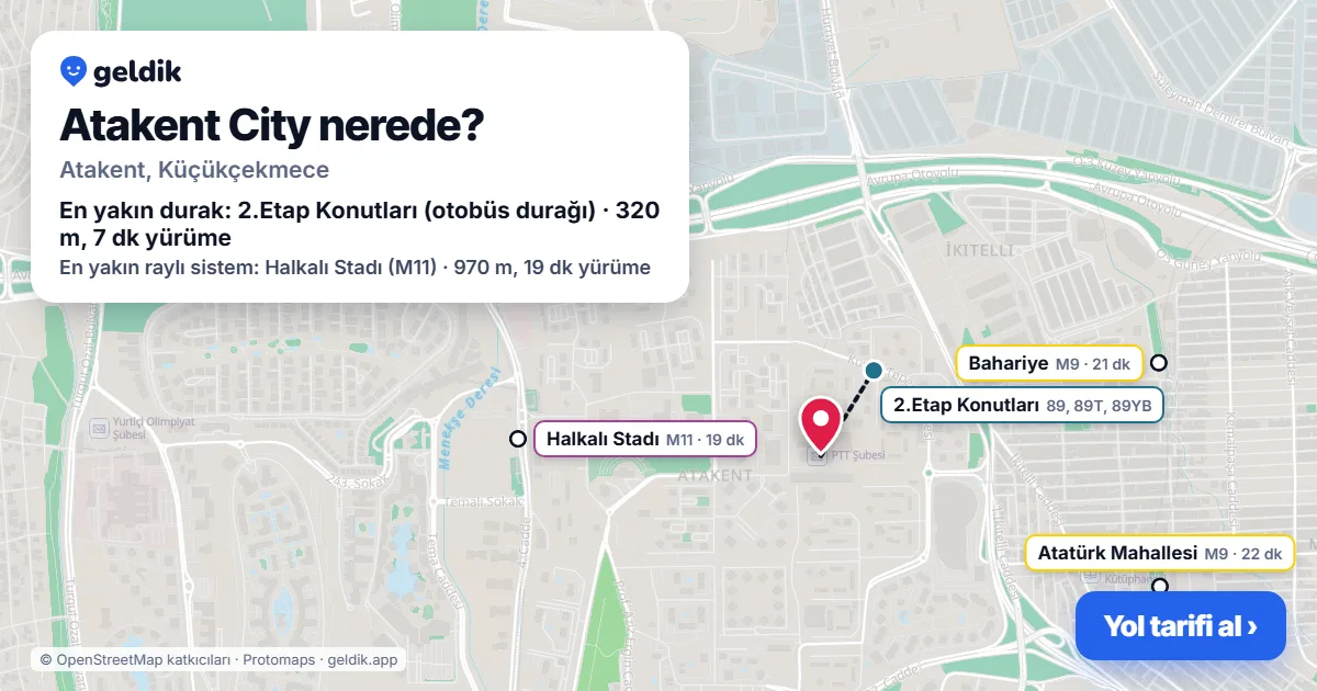 Atakent City nerede: haritada konumu ve en yakın duraklar, yürüme süreleriyle