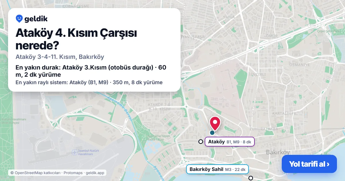 Ataköy 4. Kısım Çarşısı nerede: haritada konumu ve en yakın duraklar, yürüme süreleriyle