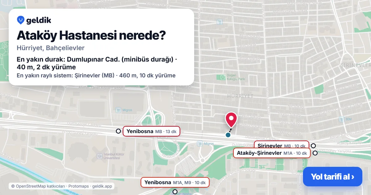 Ataköy Hastanesi nerede: haritada konumu ve en yakın duraklar, yürüme süreleriyle