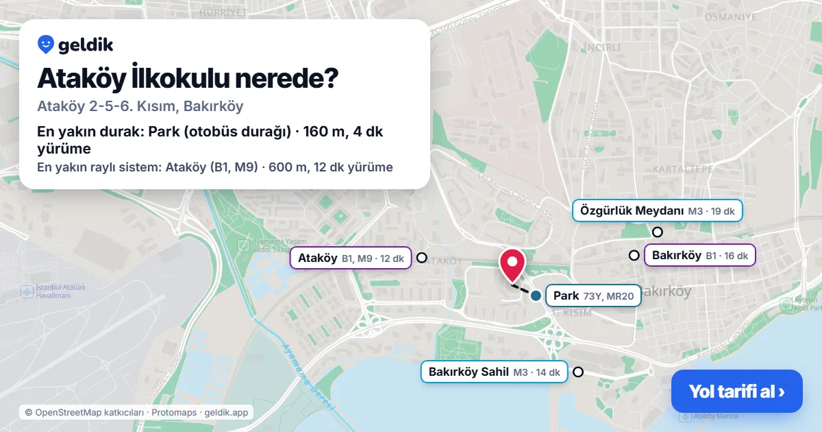 Ataköy İlkokulu nerede: haritada konumu ve en yakın duraklar, yürüme süreleriyle