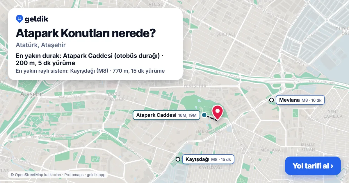 Atapark Konutları nerede: haritada konumu ve en yakın duraklar, yürüme süreleriyle