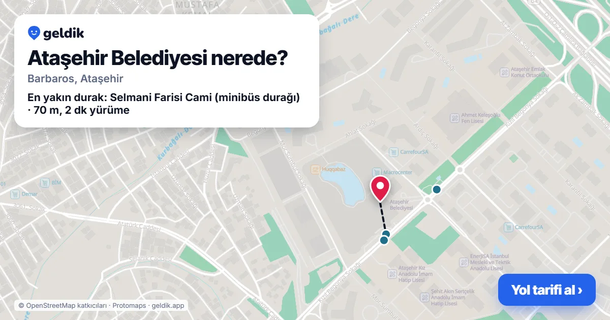 Ataşehir Belediyesi nerede: haritada konumu ve en yakın duraklar, yürüme süreleriyle
