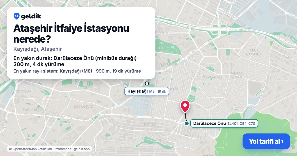 Where is Ataşehir İtfaiye İstasyonu: map with its location and the nearest stops, with walking times