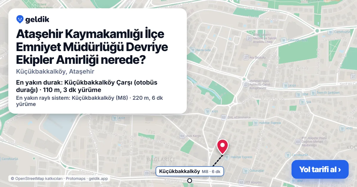Where is Ataşehir Kaymakamlığı İlçe Emniyet Müdürlüğü Devriye Ekipler Amirliği: map with its location and the nearest stops, with walking times