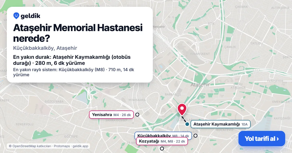 Ataşehir Memorial Hastanesi nerede: haritada konumu ve en yakın duraklar, yürüme süreleriyle