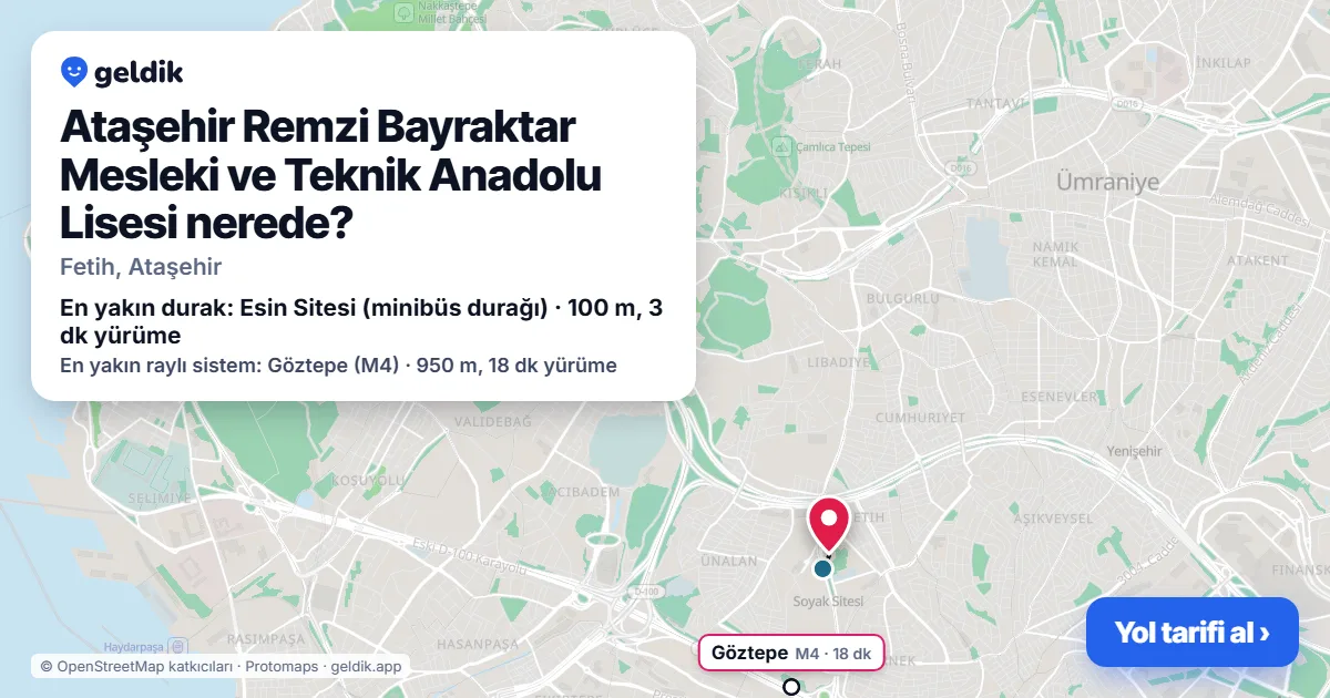 Where is Ataşehir Remzi Bayraktar Mesleki ve Teknik Anadolu Lisesi: map with its location and the nearest stops, with walking times