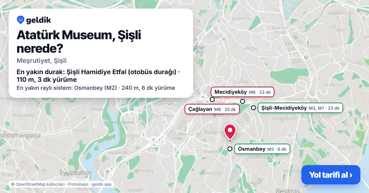 Atatürk Museum, Şişli nerede: haritada konumu ve en yakın duraklar, yürüme süreleriyle
