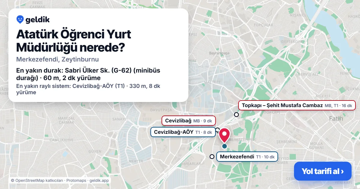 Where is Atatürk Öğrenci Yurt Müdürlüğü: map with its location and the nearest stops, with walking times