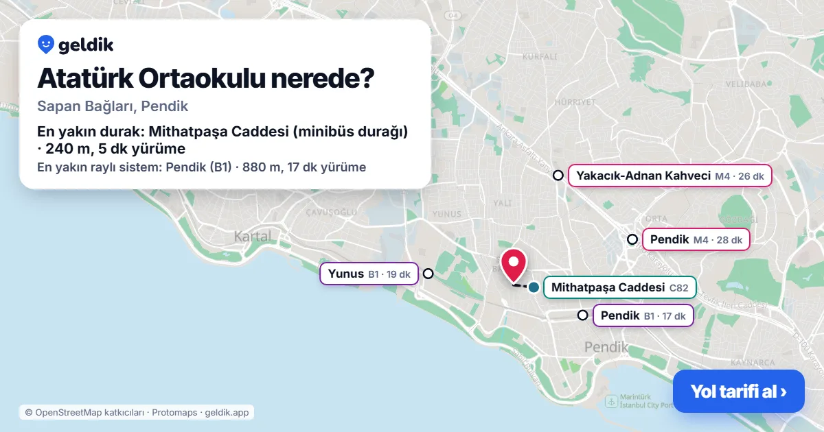 Atatürk Ortaokulu nerede: haritada konumu ve en yakın duraklar, yürüme süreleriyle