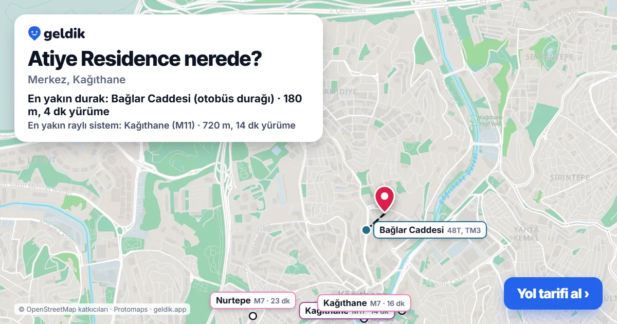 Atiye Residence nerede: haritada konumu ve en yakın duraklar, yürüme süreleriyle