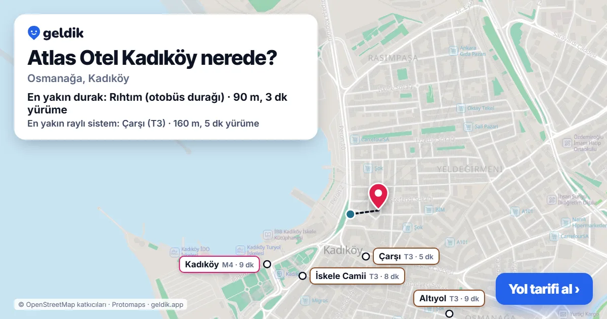 Where is Atlas Otel Kadıköy: map with its location and the nearest stops, with walking times