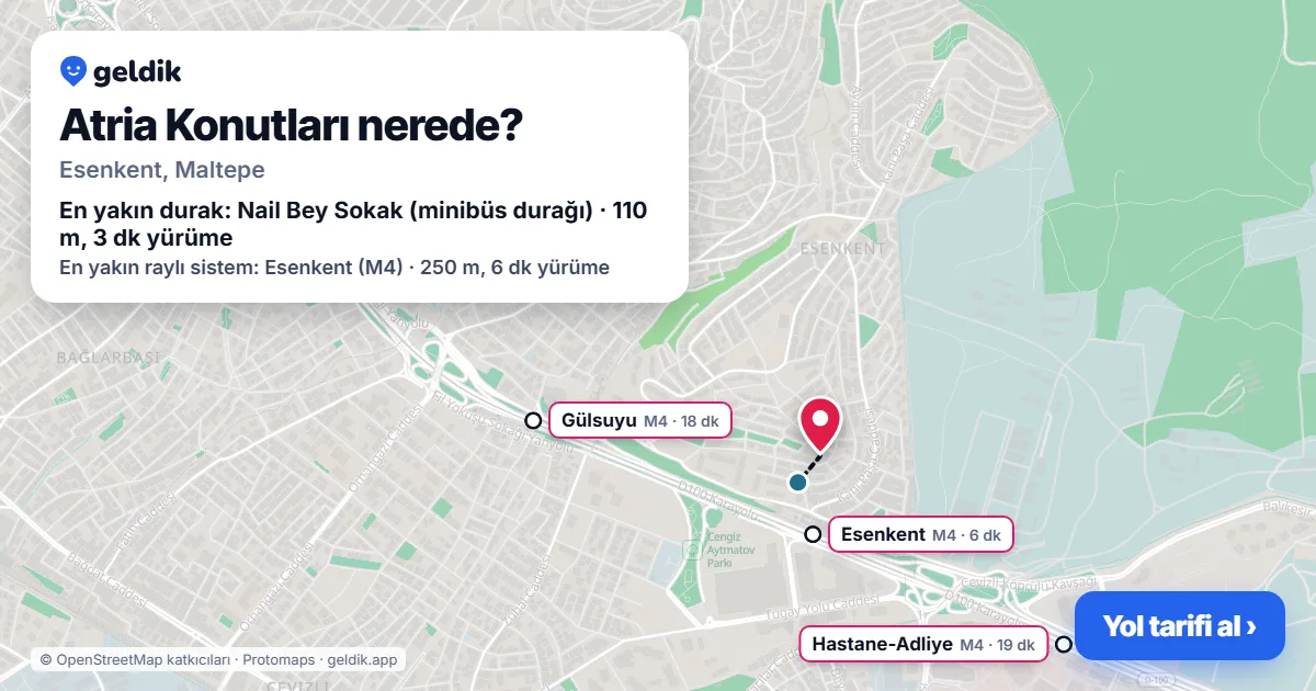Atria Konutları nerede: haritada konumu ve en yakın duraklar, yürüme süreleriyle