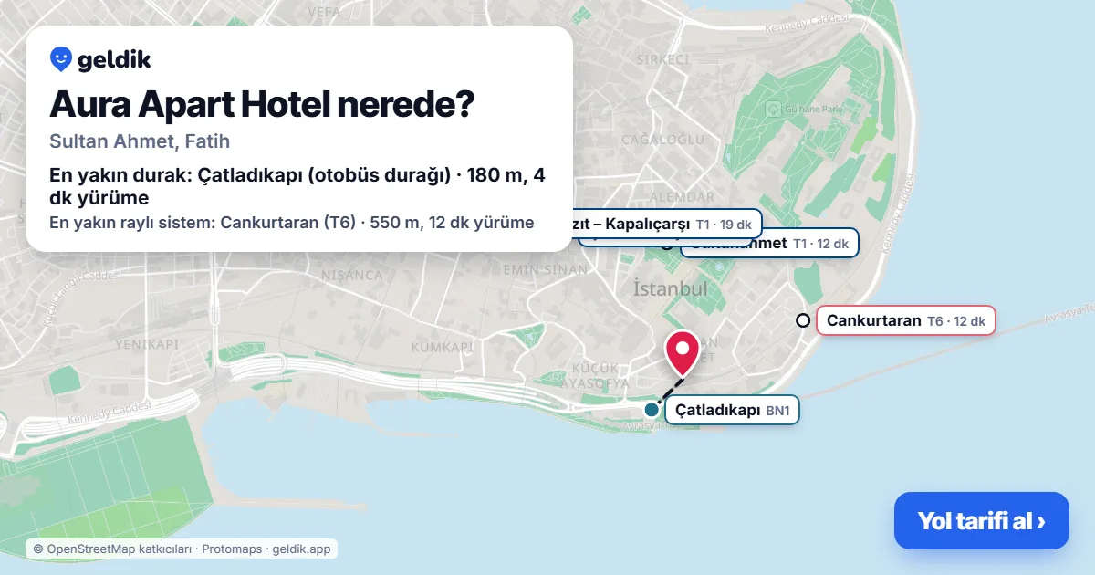 Aura Apart Hotel nerede: haritada konumu ve en yakın duraklar, yürüme süreleriyle