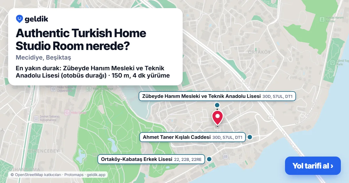 Where is Authentic Turkish Home Studio Room: map with its location and the nearest stops, with walking times