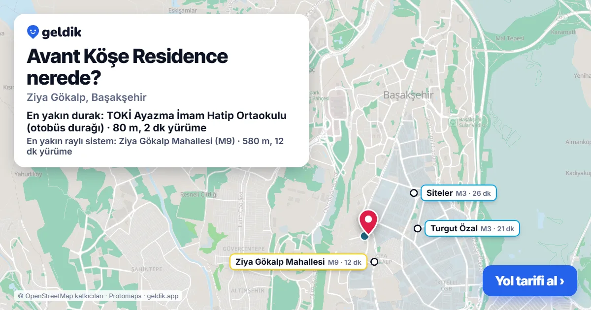 Avant Köşe Residence nerede: haritada konumu ve en yakın duraklar, yürüme süreleriyle