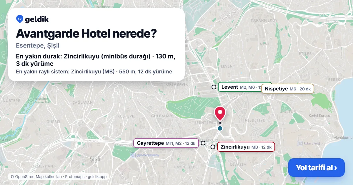 Where is Avantgarde Hotel: map with its location and the nearest stops, with walking times
