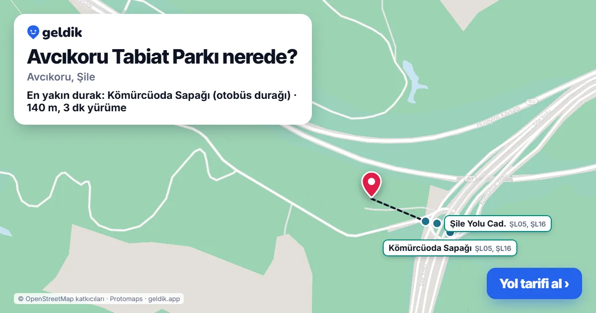 Avcıkoru Tabiat Parkı nerede: haritada konumu ve en yakın duraklar, yürüme süreleriyle