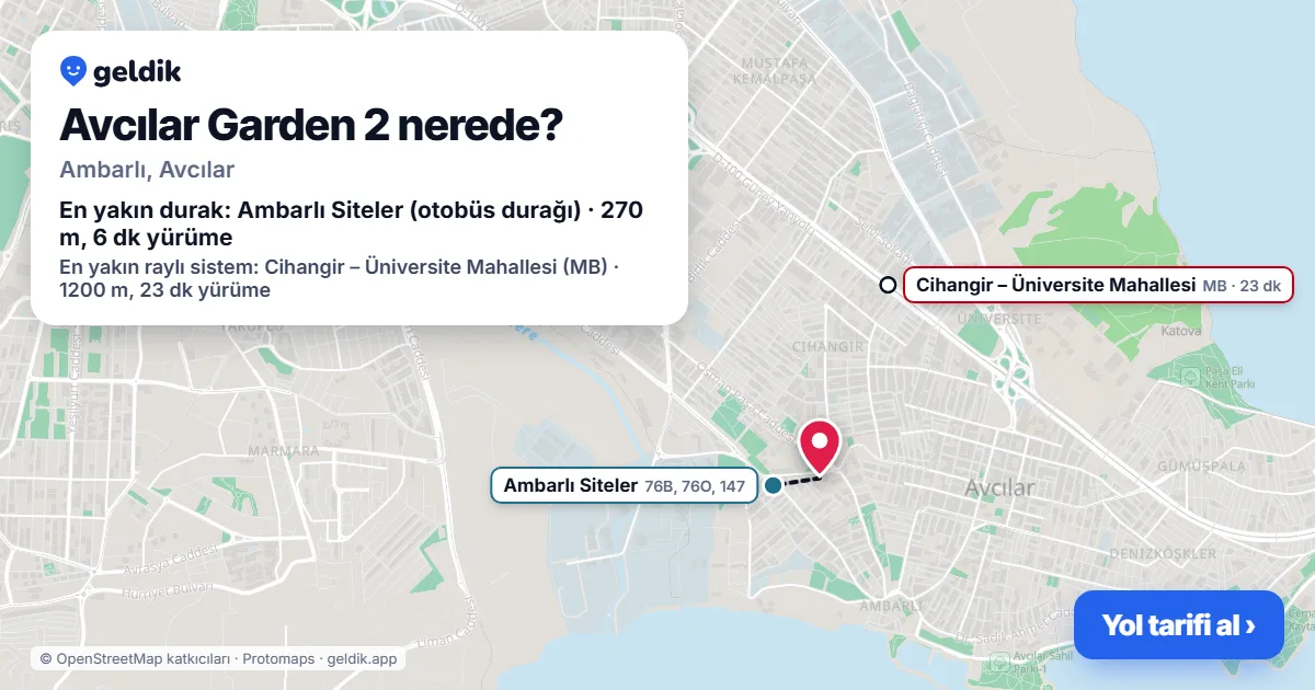 Where is Avcılar Garden 2: map with its location and the nearest stops, with walking times