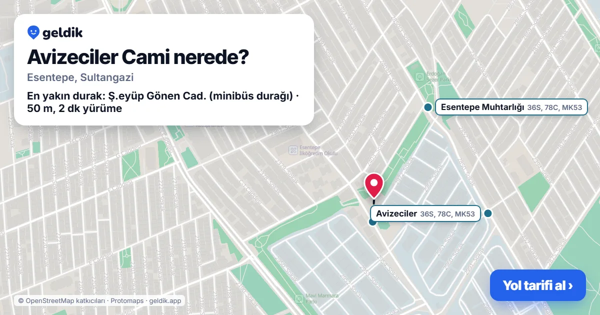Where is Avizeciler Cami: map with its location and the nearest stops, with walking times