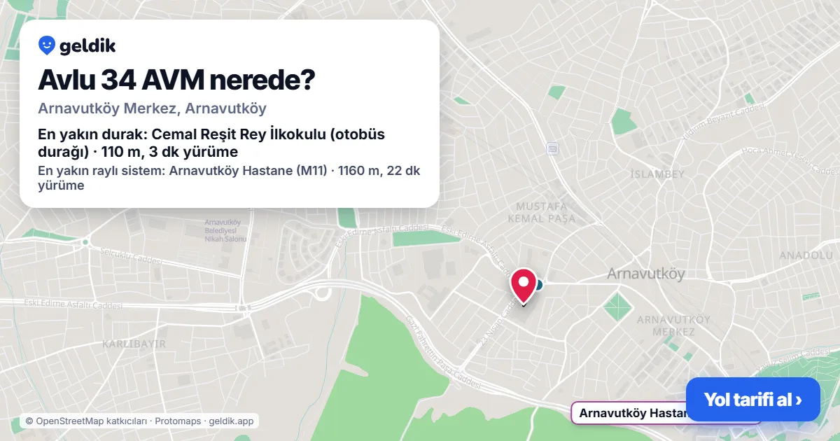 Where is Avlu 34 AVM: map with its location and the nearest stops, with walking times