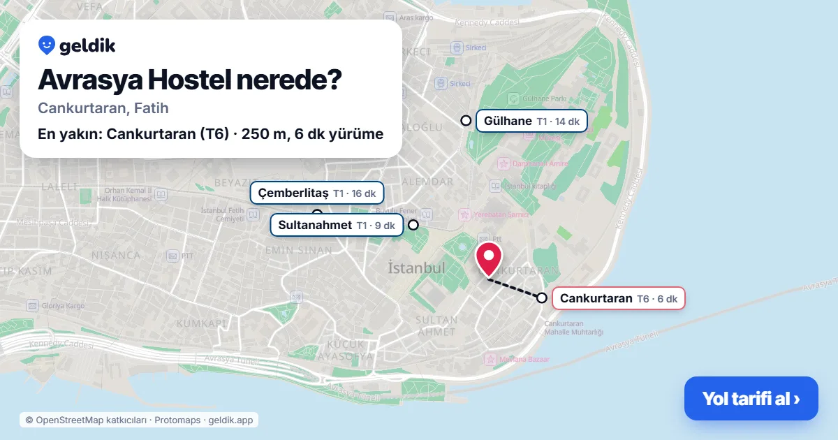 Avrasya Hostel nerede: haritada konumu ve en yakın duraklar, yürüme süreleriyle