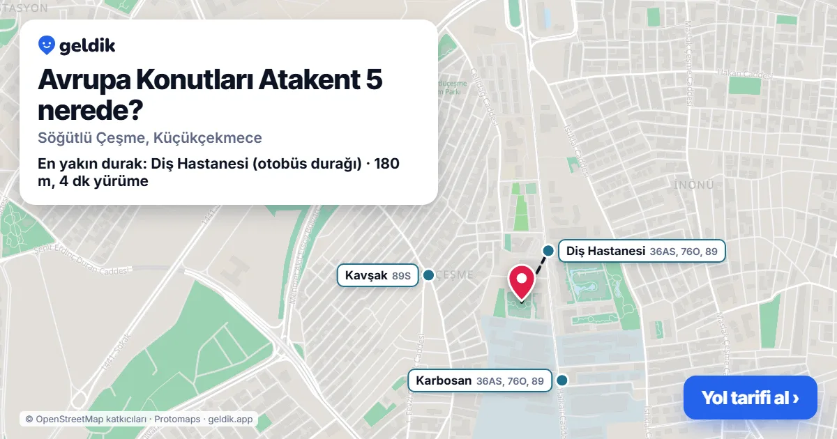 Avrupa Konutları Atakent 5 nerede: haritada konumu ve en yakın duraklar, yürüme süreleriyle
