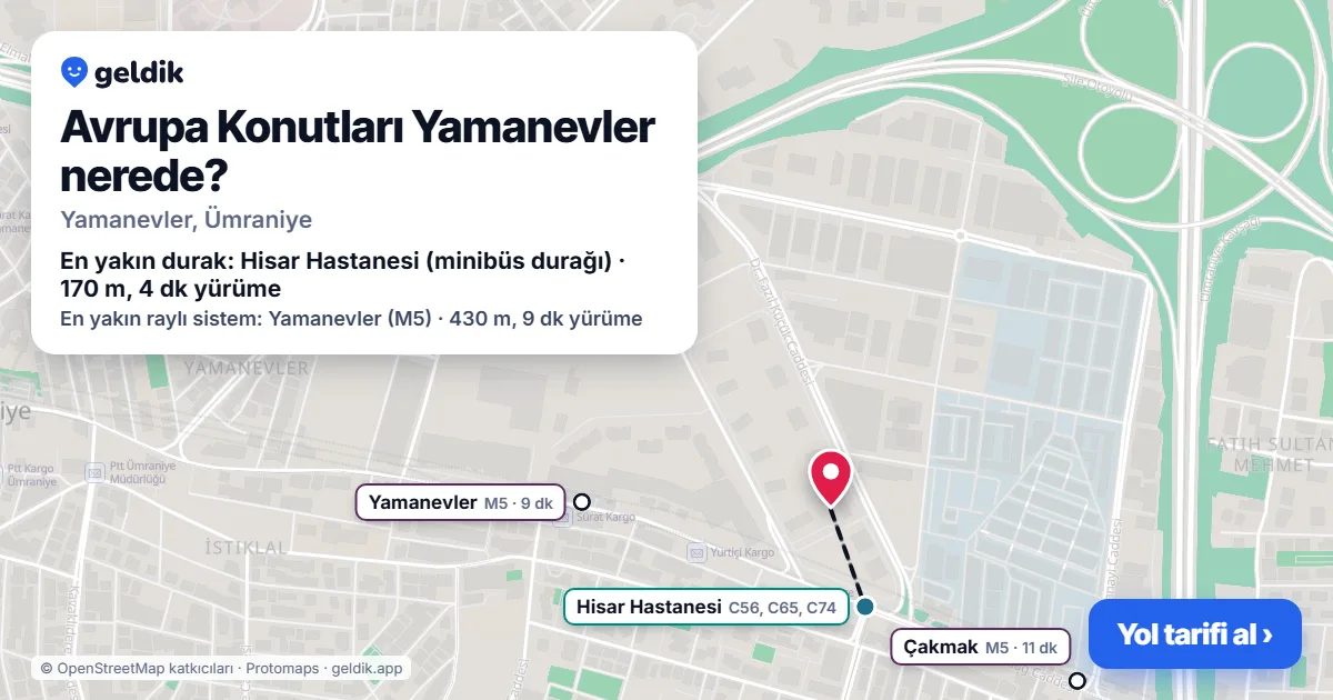 Avrupa Konutları Yamanevler nerede: haritada konumu ve en yakın duraklar, yürüme süreleriyle