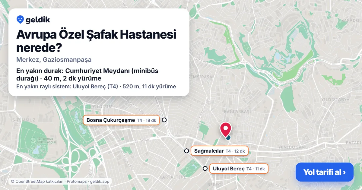 Where is Avrupa Özel Şafak Hastanesi: map with its location and the nearest stops, with walking times