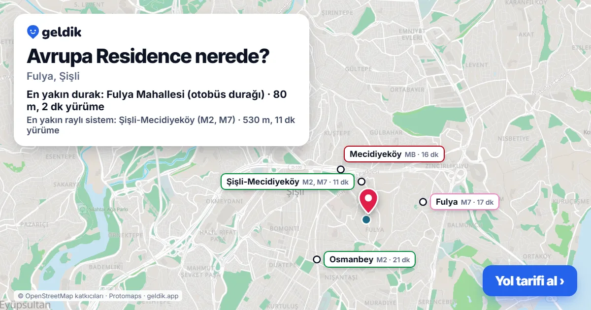 Avrupa Residence nerede: haritada konumu ve en yakın duraklar, yürüme süreleriyle