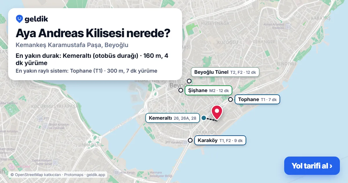 Where is Aya Andreas Kilisesi: map with its location and the nearest stops, with walking times