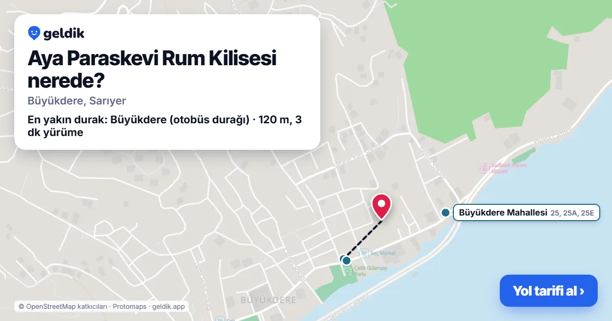 Where is Aya Paraskevi Rum Kilisesi: map with its location and the nearest stops, with walking times