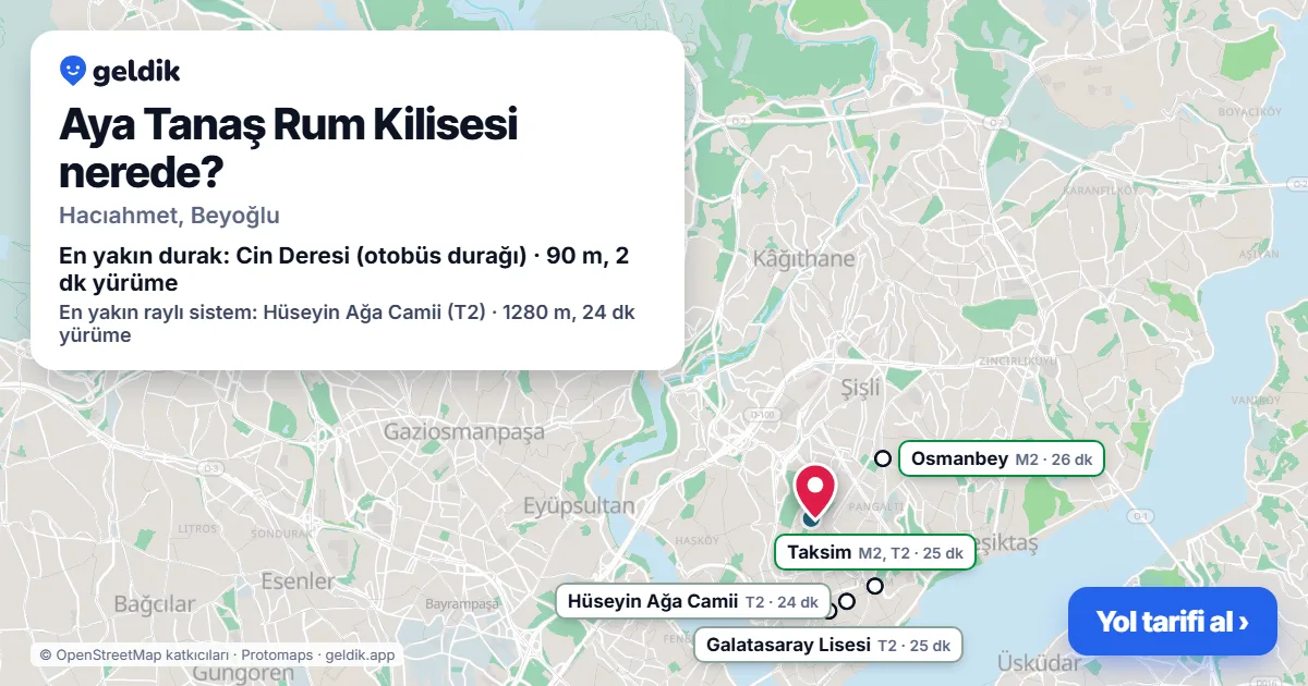 Where is Aya Tanaş Rum Kilisesi: map with its location and the nearest stops, with walking times