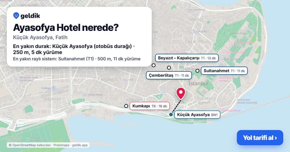 Where is Ayasofya Hotel: map with its location and the nearest stops, with walking times