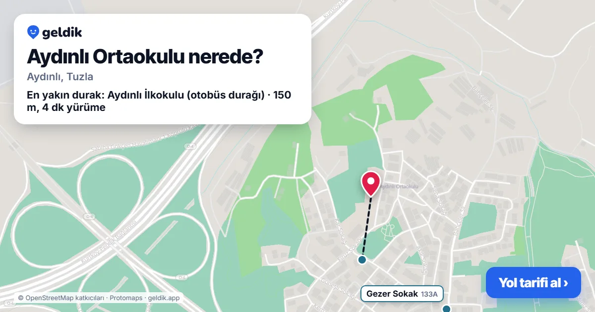 Aydınlı Ortaokulu nerede: haritada konumu ve en yakın duraklar, yürüme süreleriyle