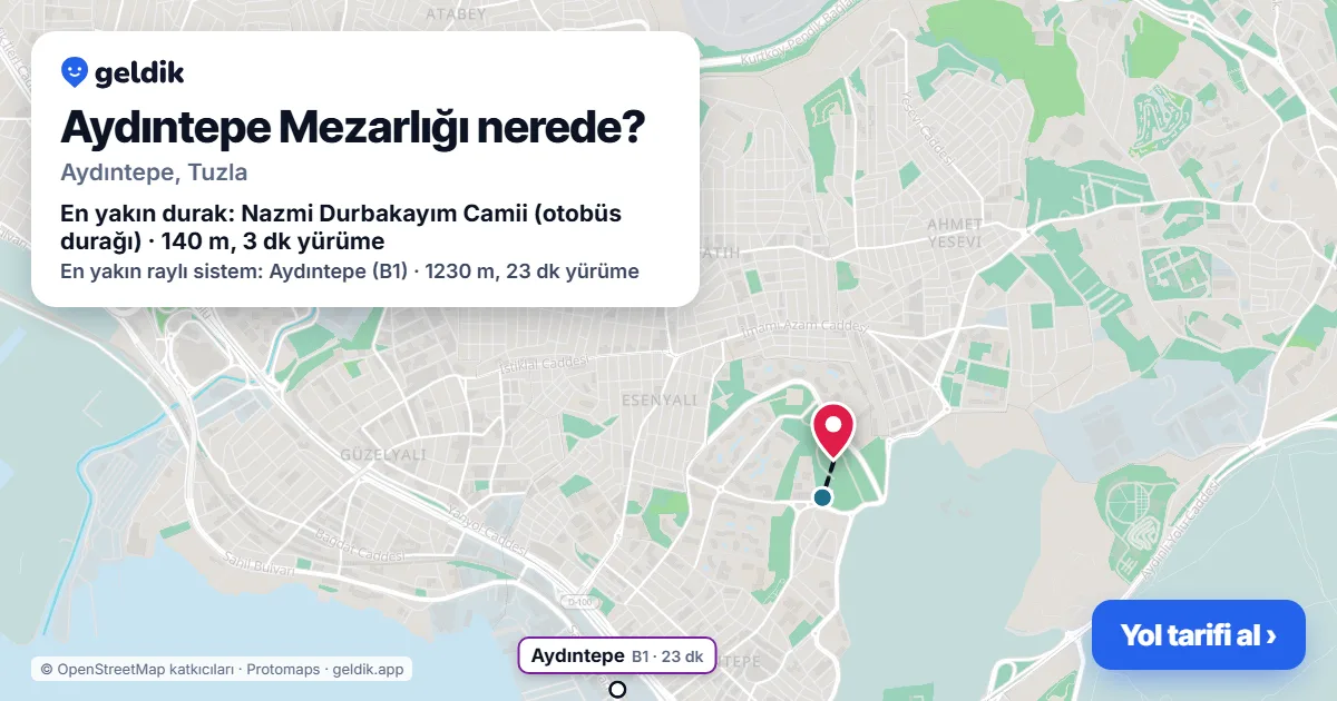 Aydıntepe Mezarlığı nerede: haritada konumu ve en yakın duraklar, yürüme süreleriyle