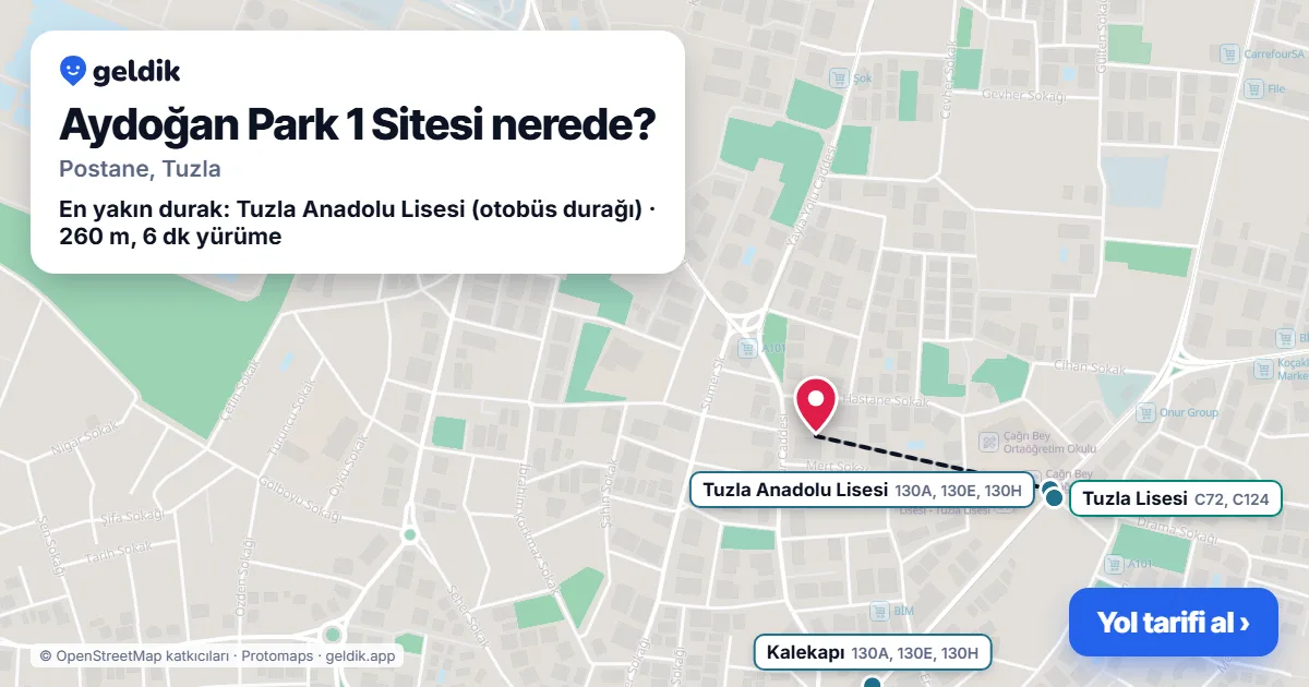 Where is Aydoğan Park 1 Sitesi: map with its location and the nearest stops, with walking times