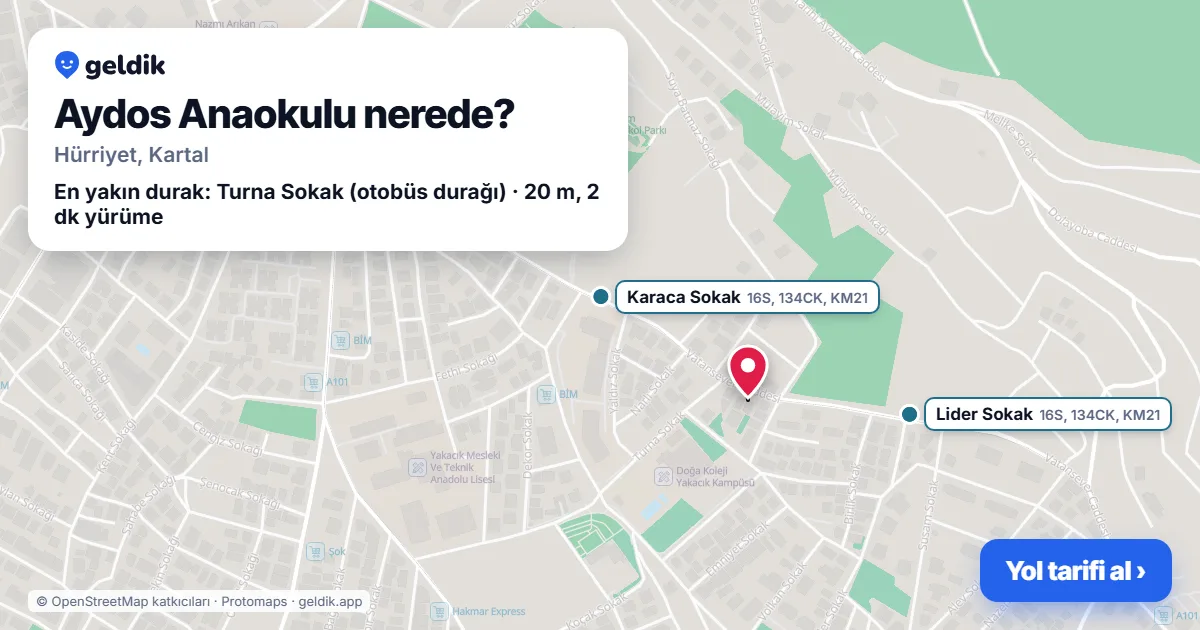 Where is Aydos Anaokulu: map with its location and the nearest stops, with walking times