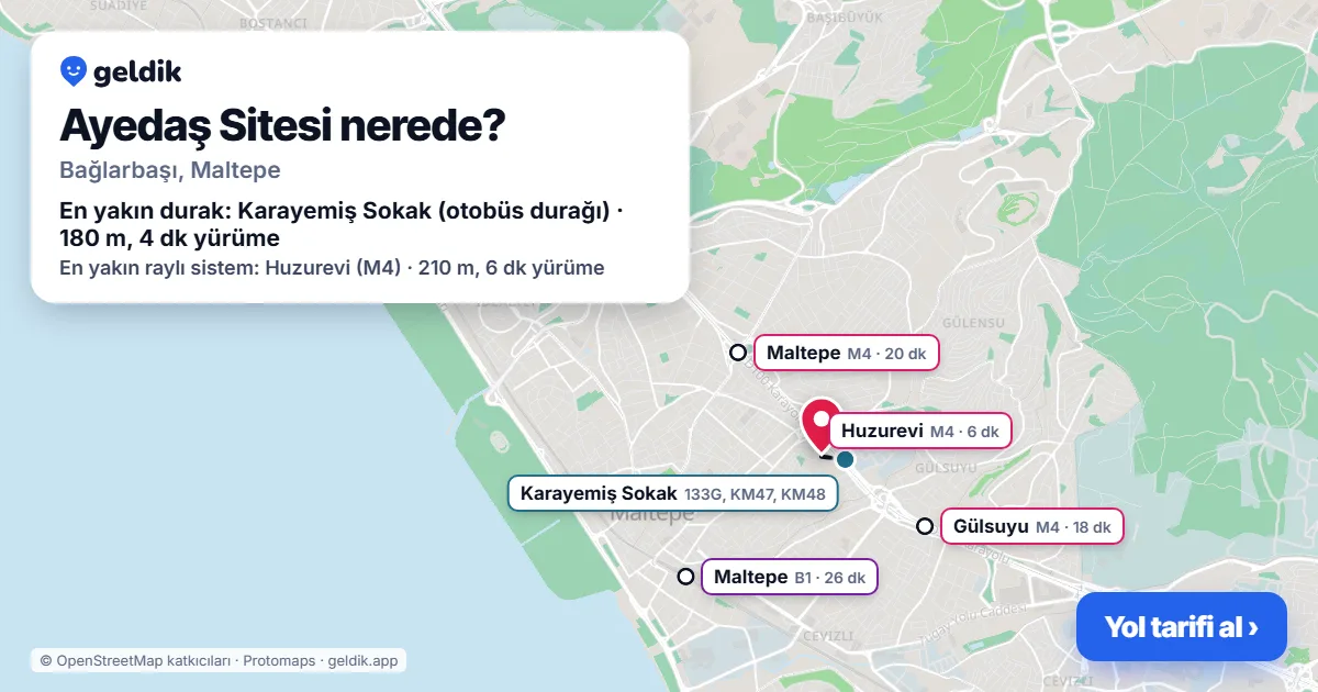 Ayedaş Sitesi nerede: haritada konumu ve en yakın duraklar, yürüme süreleriyle