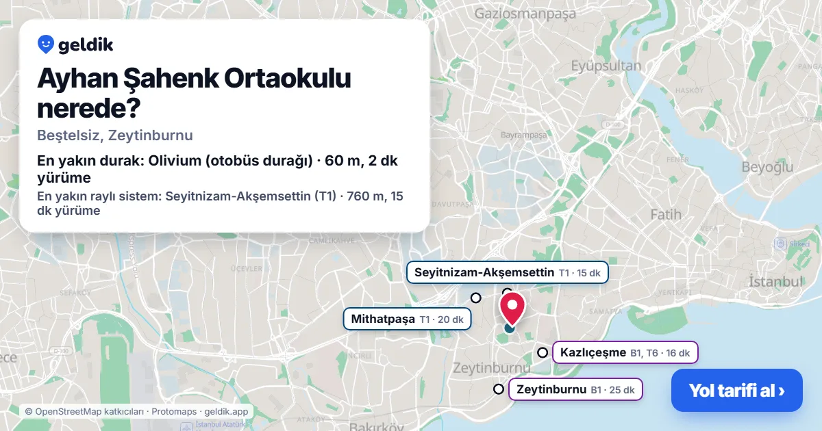 Where is Ayhan Şahenk Ortaokulu: map with its location and the nearest stops, with walking times