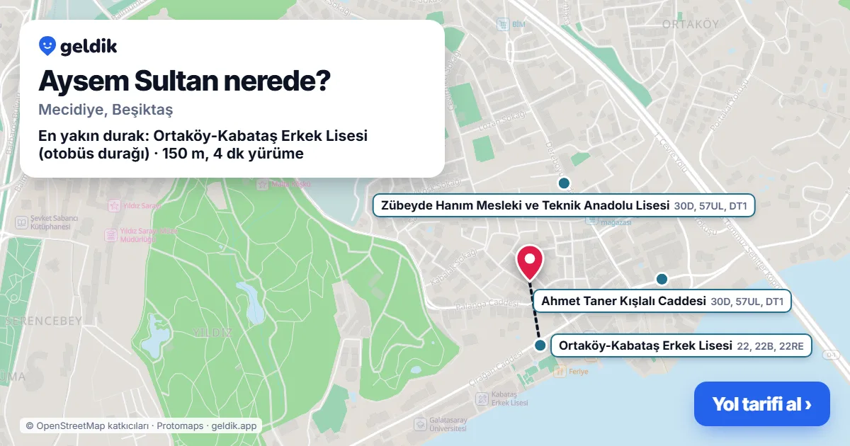 Aysem Sultan nerede: haritada konumu ve en yakın duraklar, yürüme süreleriyle