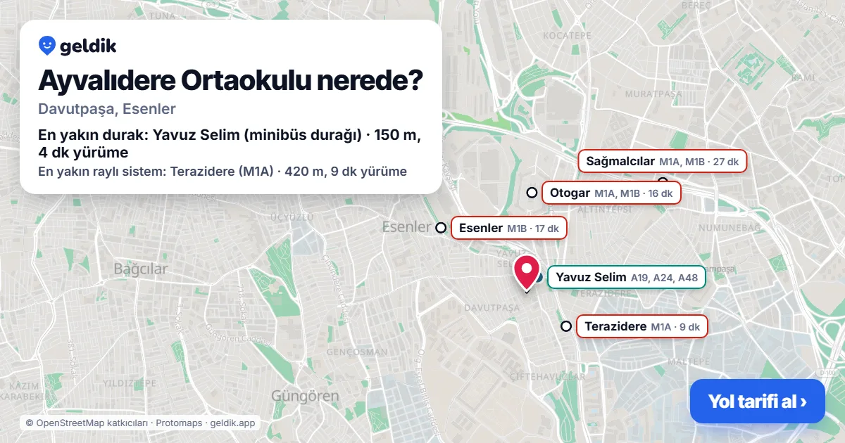 Ayvalıdere Ortaokulu nerede: haritada konumu ve en yakın duraklar, yürüme süreleriyle