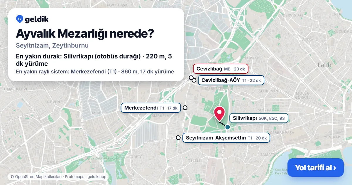 Where is Ayvalık Mezarlığı: map with its location and the nearest stops, with walking times
