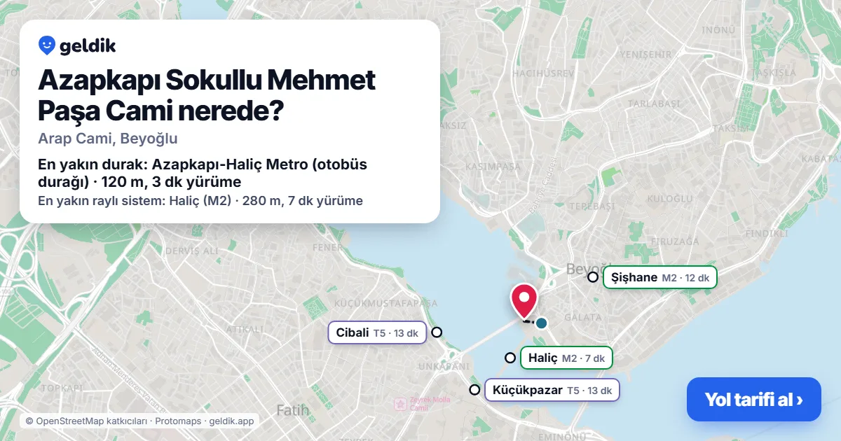 Azapkapı Sokullu Mehmet Paşa Cami nerede: haritada konumu ve en yakın duraklar, yürüme süreleriyle