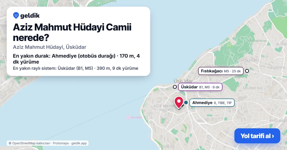 Where is Aziz Mahmut Hüdayi Camii: map with its location and the nearest stops, with walking times